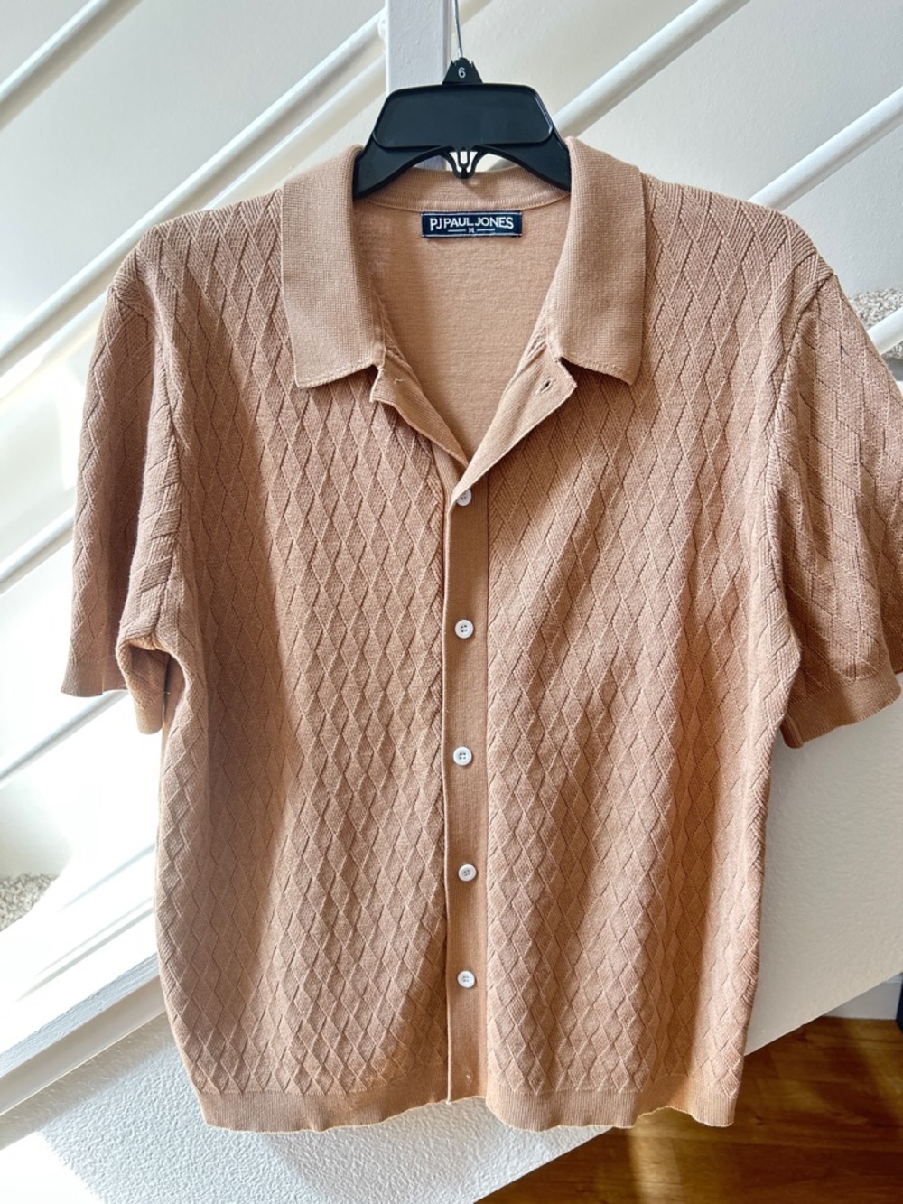 PJ Paul Jones Men's Knit Polo Shirt M - Silky Viscose - Diamond Texture Tan